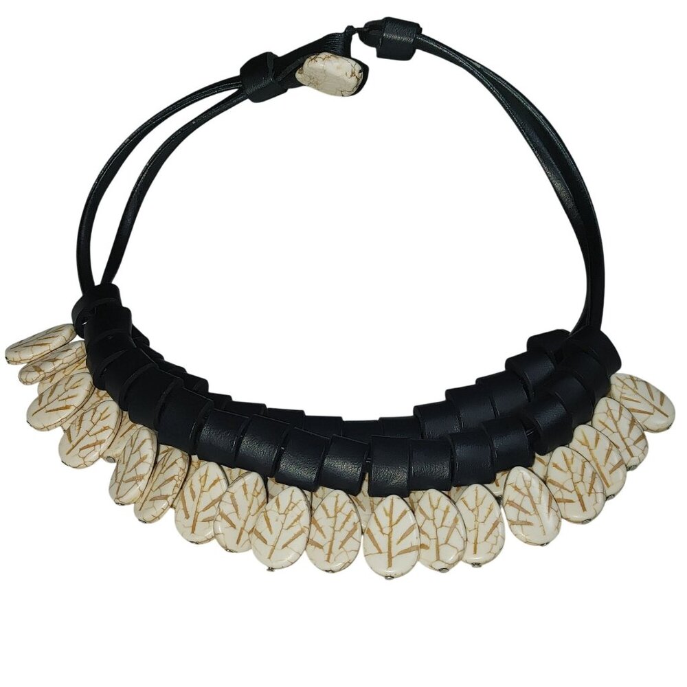 Tribal Necklace Black Tube Leather Stone White Leaf Beads Boho Statement Jewelry